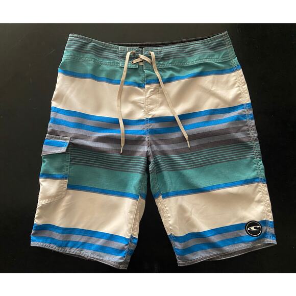 O'NEILL Blue/Gray/White Stripe 21" Boardshorts sz 31 - Picture 1 of 14